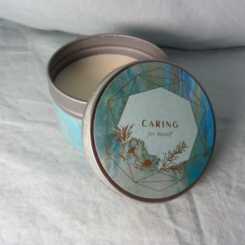 4 for $40 - candle in tin 2 oz inner world caring for myself (W2529)